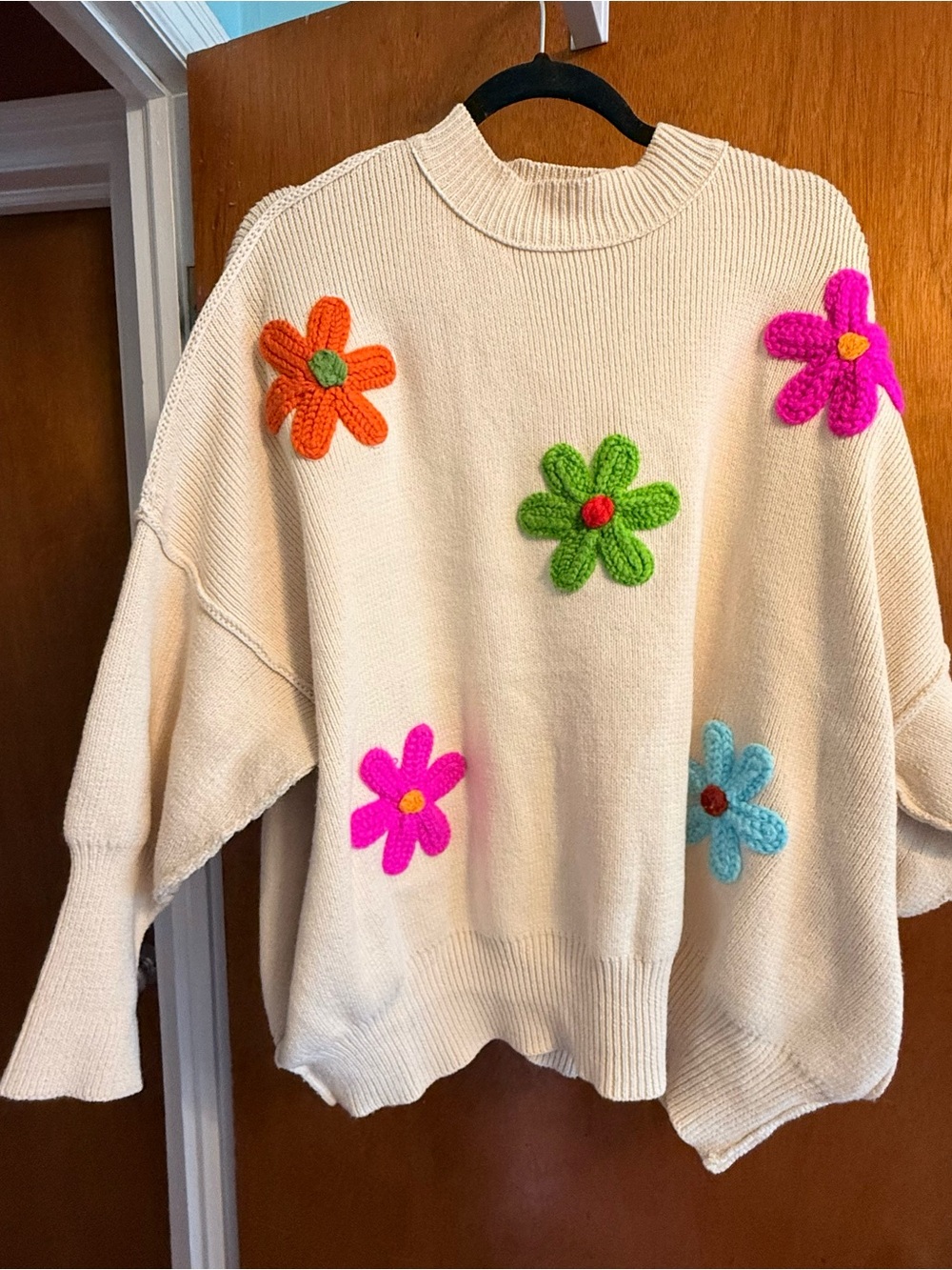 Blue Velvet Cream Floral Applique Oversized Women's Sweater